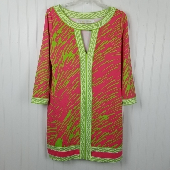 Tracy Negoshian Dress Keyhole Neckline Preppy Loose Retro Neon Print Cap Pocket - Picture 8 of 11